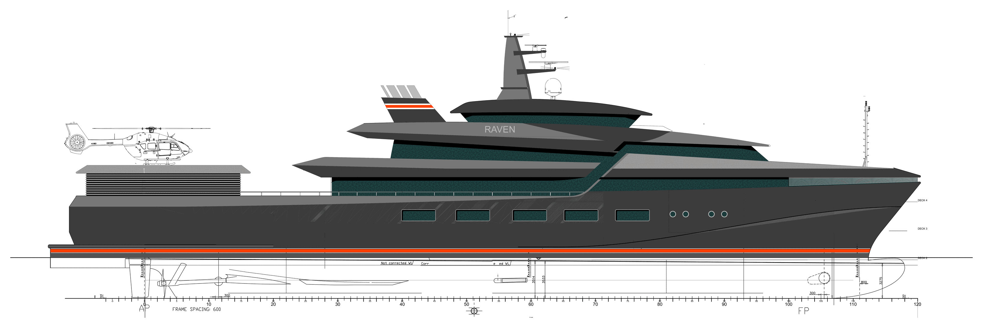 Naval architect's profile study of Raven: side elevation of a 78.7 metre expedition yacht, bow to the right, with an H145-class helicopter on the aft helideck, waterline and underwater hull profile below, and a frame-spacing scale.